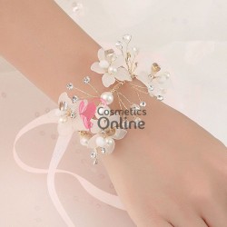 Bratara eleganta de mana BRM032 Aurie cu cristale si perle pentru mireasa